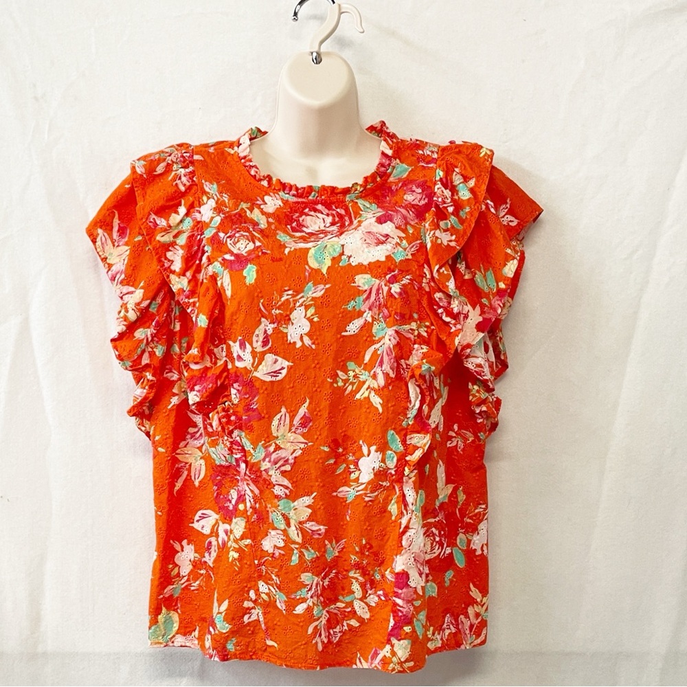 Candace Cameron Bure Floral  Eyelet Cotton Blouse Lg Ruffle‎ Orange Popover